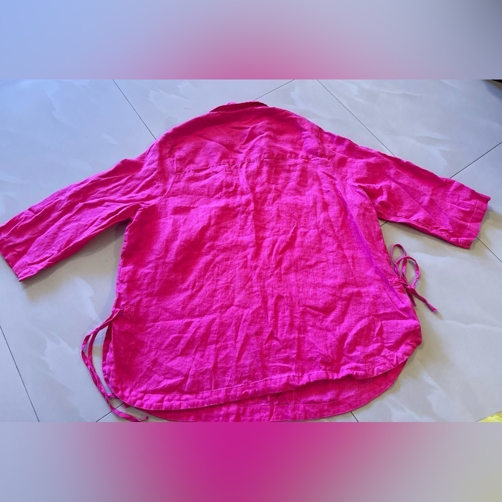 Linen! Ladies Isaac Mizrahi Pink Berry Linen Top-Size 1X tie - Picture 6 of 16
